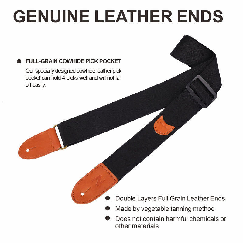 [AUSTRALIA] - Guitar Strap, 100% Cotton Full Grain Leather Ends Guitar Straps with Pick Pocket for Bass, Electric & Acoustic Guitar, Come with Free Strap Button, 1 Pair Strap Locks and 4 Guitar Picks (Black) A# - Black 