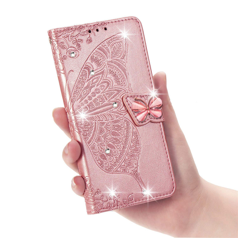 Samsung Galaxy Note 20 Ultra Wallet Case, Bling Butterfly Flower PU Leather Flip Phone Cover Credit Cards Slot Shockproof Kickstand Case for Samsung Galaxy Note 20 Ultra 6.9"(Rhinestone Rose Gold)HZD Rhinestone Rose Gold