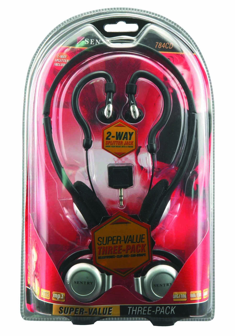 Sentry 784CD Headphones with Splitter Plug, Pack of 3 Styles Standard Packaging