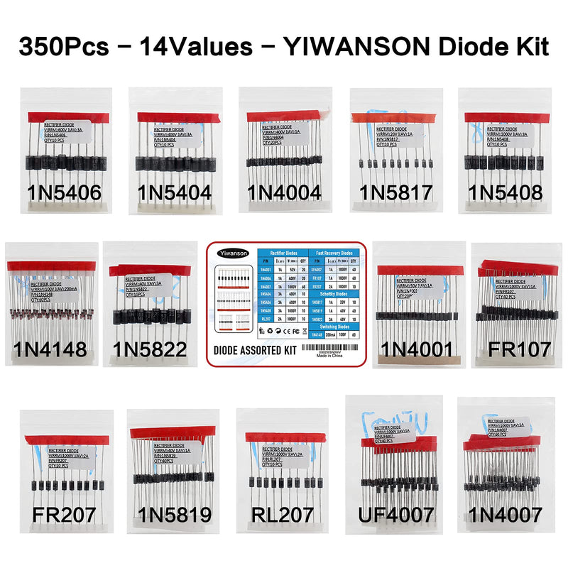 350Pcs 14 Values Diodes Assortment Kit, YIWANSON 1N4001 Diode 1N4004 1N4007 1N4148 1N5404 1N5406 1N5408 RL207 FR107 FR207 UF4007 1N5817 1N5819 1N5822 Schottky/Rectifier/Fast Recovery/Switch Diode
