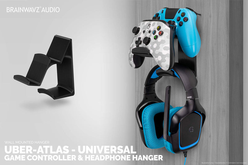 The UberAtlas - Dual Game Controller & Headphone Stand Wall Mount Holder for Xbox ONE, Series X, PS5, PS4, PS3, Switch, STEELSERIES Gamepad & More, Stay Organized No Screws by Brainwavz (Black) Black