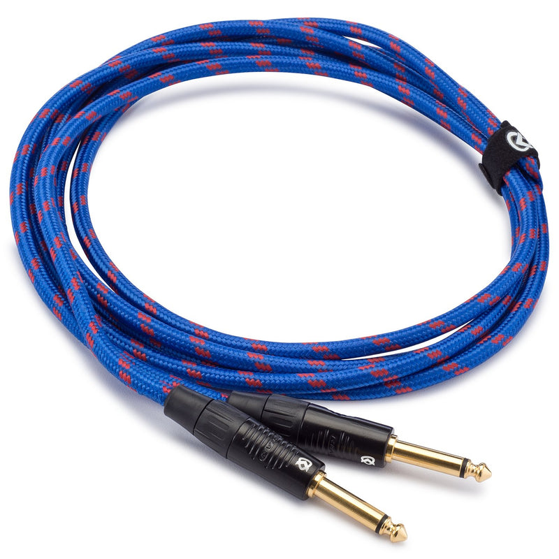 KLIQ Music Gear Guitar Instrument Cable, 10 Ft - Custom Series with Premium Rean-Neutrik 1/4" Straight Gold Plugs 10 Feet Blue/Red Tweed