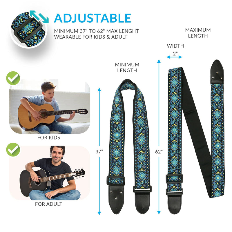 [AUSTRALIA] - Hootenanny Guitar Strap, Jacquard Weave Embroidered Strap Includes 2 Strap Locks & 2 Unique Picks. Adjustable Strap, Pick Pocket, For Bass, Electric & Acoustic Guitars Gift for Men & Women Blue Woven 