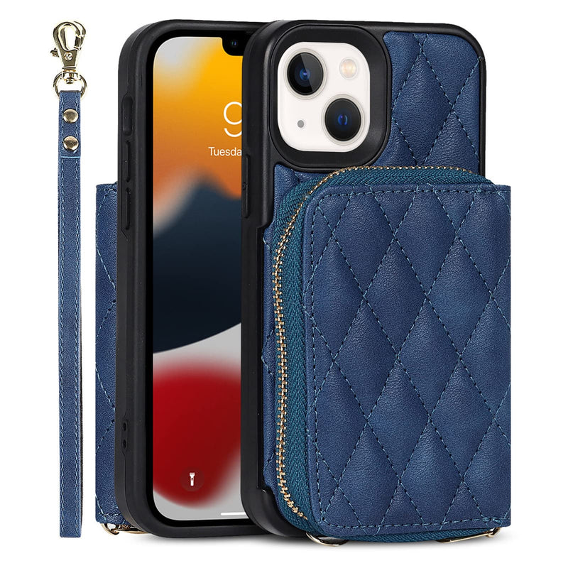 Jaorty Crossbody Detachable 2 in 1 Wallet Case for iPhone 13,Crossbody Case with Zipper Card Holder Bag Wrist Strap Lanyard Purse Compatible with Apple iPhone 13 6.1 inch,Blue Blue