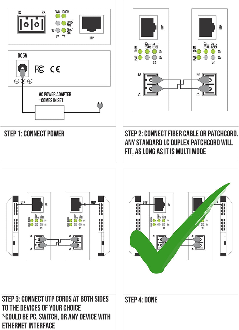 Multimode LC 850 nm Gigabit Fiber Media Converter - Includes SFP 550 m (0.34 Miles) LC – to UTP Cat5e Cat6 10/100/1000 RJ-45 – Auto Sensing Gigabit or Fast Ethernet Speed - Jumbo Frame - LLF Support