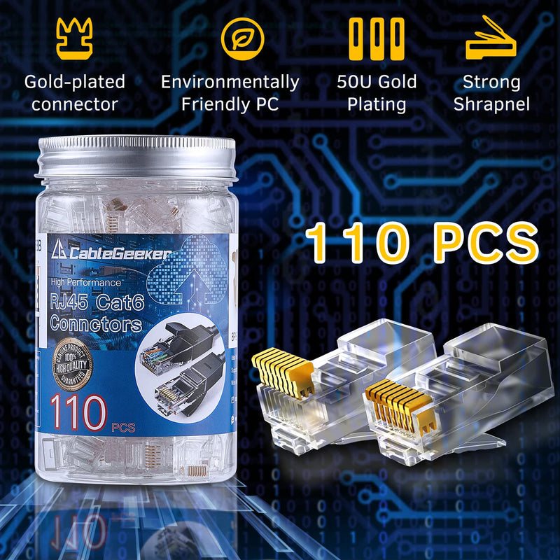 CableGeeker RJ45 Connectors, Standard Modular Plugs, 110-PACK Cat6 Connector, Cat6/Cat5e RJ45 Ends UTP Network Plug for Solid Wire and Standard Cable RJ45 Connector 50μ