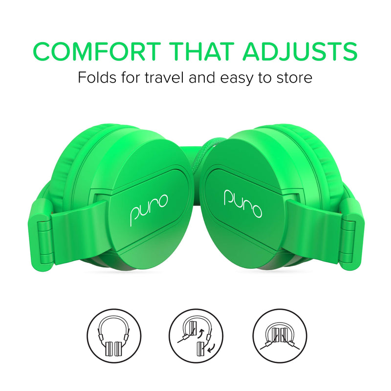 PuroBasic Volume Limiting Wired Headphones for Kids, Boys, Girls 2+ Foldable & Adjustable Headband w/Microphone, Compatible with iPad, iPhone, Android, PC & Mac – by Puro Sound Labs, Green
