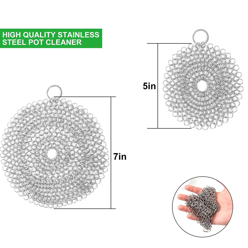 PETTYOLL 7 Inch 5 Inch Cast Iron Cleaner 316 Premium Stainless Steel Chain Scrubber for Cast Iron Pots Pre-Seasoned Pan Dutch Ovens Waffle Iron Grill