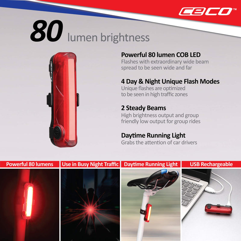 CECO-USA: 80 Lumen USB Rechargeable Bike Tail Light - Super Wide & Bright Model TC80 Bicycle Rear Light - IP67 Waterproof, FL-1 Impact Resistant - COB LED Red Safety Light - Pro Grade Bike Tail Light