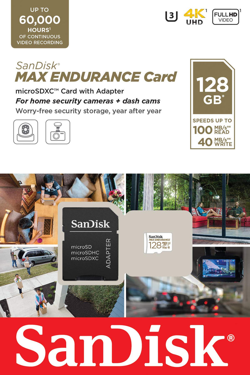 SanDisk 128GB MAX Endurance microSDXC Card with Adapter for Home Security Cameras and Dash cams - C10, U3, V30, 4K UHD, Micro SD Card - SDSQQVR-128G-GN6IA