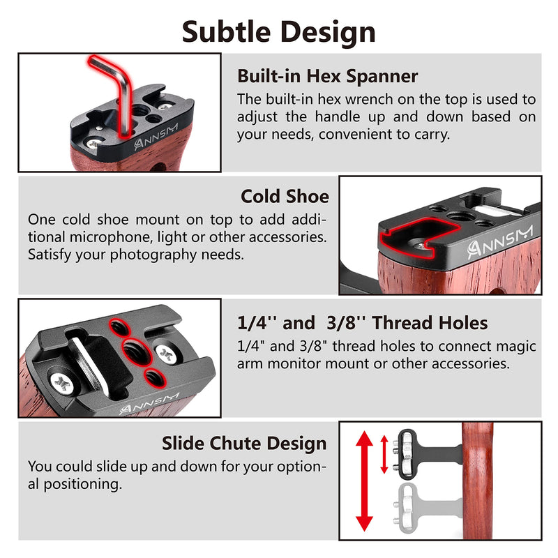 [AUSTRALIA] - ANNSM Side Wooden Handle Grip for DSLR Camera Cage, Cold Shoe Mount, Built-in Wrench, Threaded Holes, Left Right Compatible iPhone / Smartphone / Video Rig Videography / Camera Cage 
