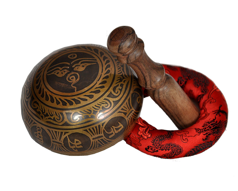 Special Etching Tibetan Singing Bowl Set By Dharma Store - Buddhism Yoga Meditation - With Striker & Cushion