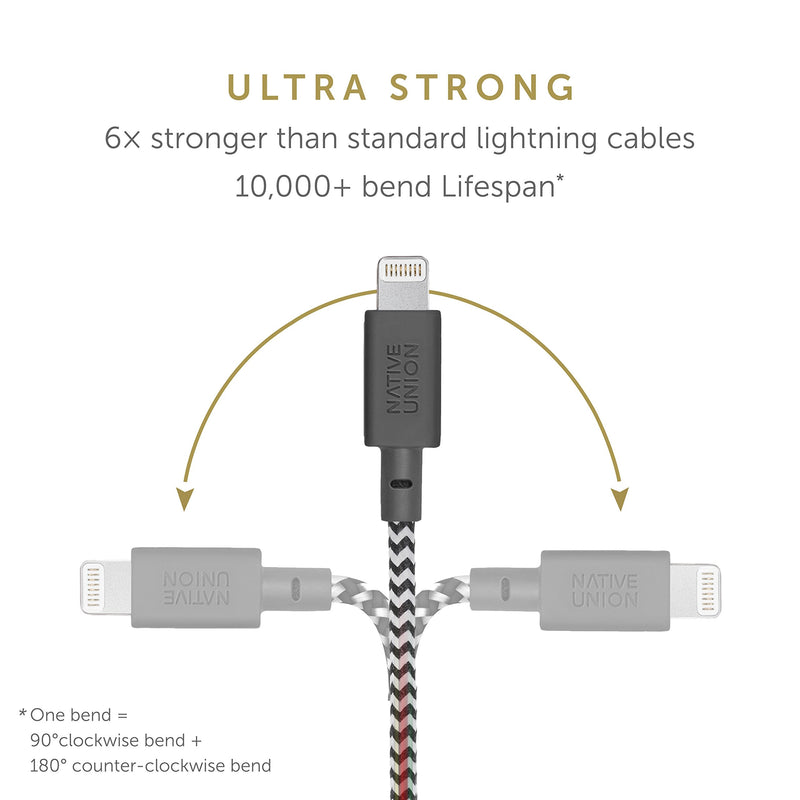 Native Union BELT Cable XL - 10ft Ultra-Strong Reinforced [MFi Certified] Durable Lightning to USB Charging Cable with Leather Strap compatible with iPhone 14, iPhone 13, iPhone 12 and Earlier (Zebra) Zebra