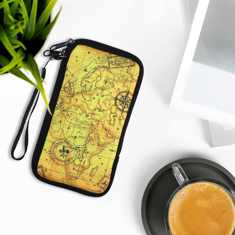 [AUSTRALIA] - kwmobile Neoprene Sleeve for Smartphone Size XL - 6.7/6.8" - Shock Absorbing Pouch Case - Protective Phone Bag - Antique World Map Black/Brown/Beige Antique World Map 01-05-11 