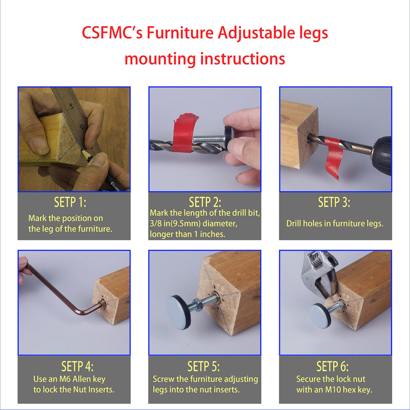 CSFMC Furniture Leveler PTFE(Teflon) Bottom(20mm Base 1/4-20,16 Pack),Threaded Shank Adjust Pads,Table/Chair/Cabinet/Sofa Medium Adjustable Legs Leveling,Nuts Installation and Floor Protection 20mm Base 1/4-20x1",16 Pack