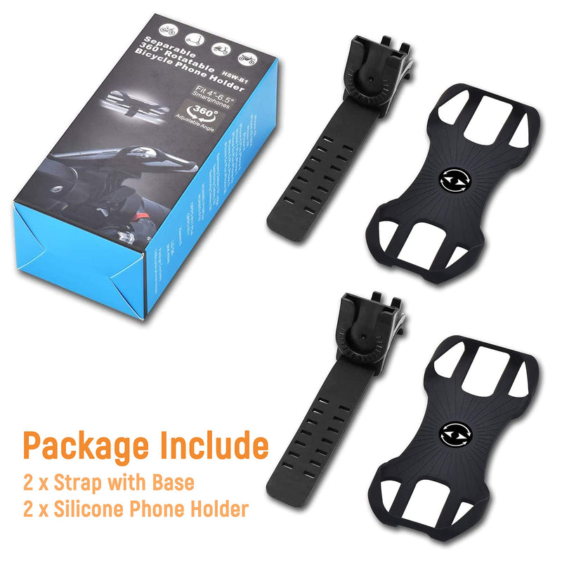 Bike Phone Mount 2 Pack, Detachable Phone Holder for Bike, 360° Rotatable Bike Phone Holder for Cycling, Adjustable Silicone Strap, Universal Bicycle Phone Mount for iPhone and 4.0"- 6.5" Smartphone Black