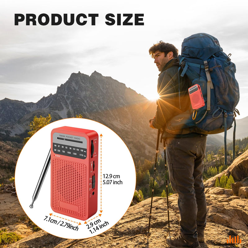 Portable Radio AM FM, Goodes Transistor Radio with Loud Speaker, Headphone Jack, 2AA Battery Operated Radio for Long Range Reception, Pocket Radio for Indoor, Outdoor and Emergency Use-Red New-Red