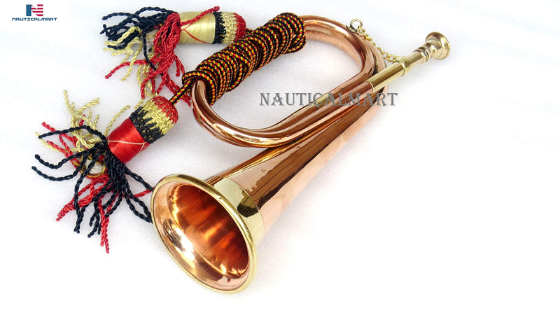 Nautical-Mart Brass And Copper Blowing Bugle Horn 10.6\" Inch Signal Musical Instrument Classic Style With Beautiful Colourful Rope Binding