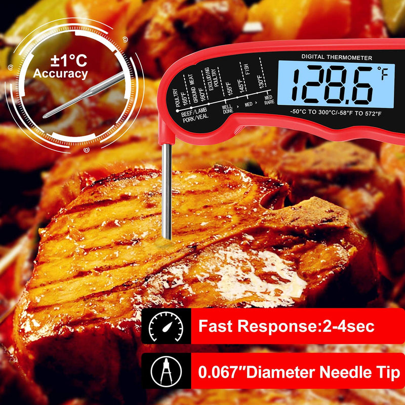 KULUNER TP-01 Waterproof Digital Instant Read Meat Thermometer with 4.6” Folding Probe Backlight & Calibration Function for Cooking Food Candy, BBQ Grill, Liquids,Beef（Red） Red