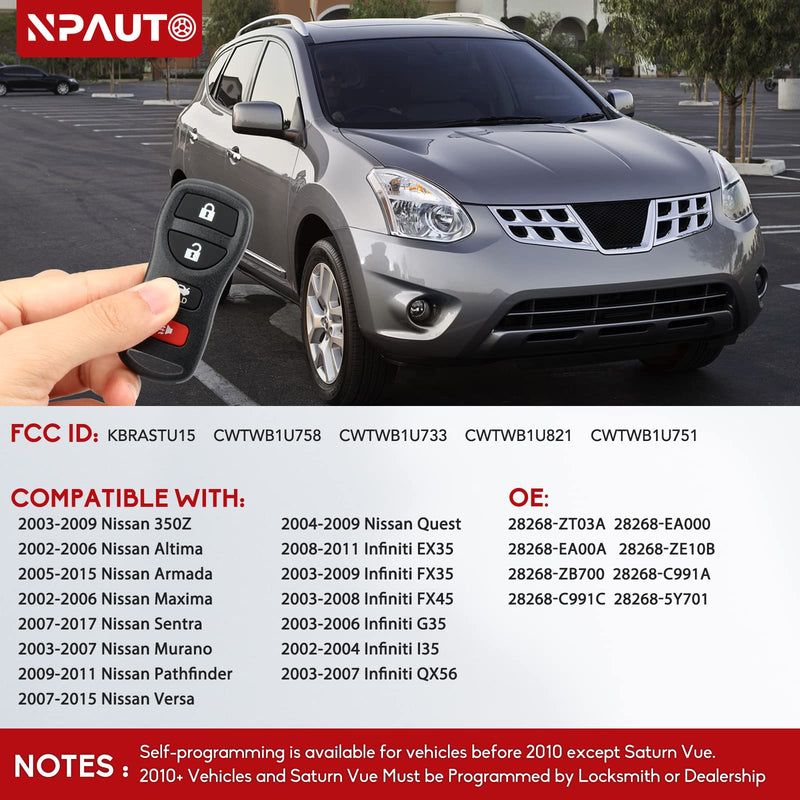 NPAUTO Key Fob Replacement for Nissan 350Z 2003-2009, Altima/Maxima 2002-2006, Sentra/Armada/Pathfinder/Versa/Quest, Infiniti G35 FX35 I35 QX56 - Keyless Entry Remote Control Key Fobs, KBRASTU15, 2Pcs
