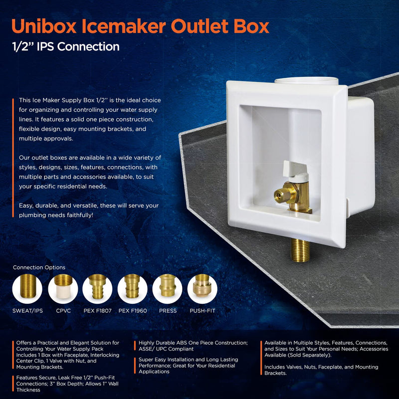 Highcraft TC100-U Icemaker Outlet Box with Valves 1/2'' MIP/SWT White ABS (Single)