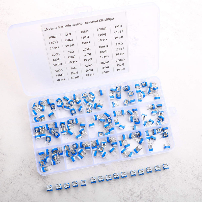 150 Pcs 15 Value 100 ohm- 2M ohm Trimpot Variable Resistor 6mm Potentiometer Assortment Kit