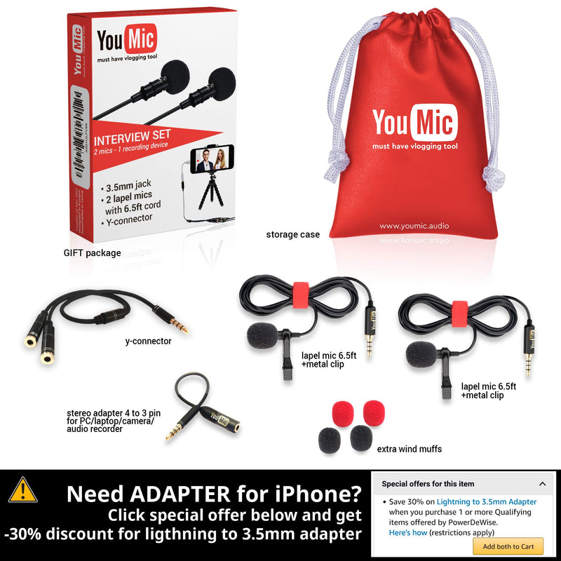 [AUSTRALIA] - Dual Lavalier Microphone - 2 Lavalier Microphone - Lavalier Microphone Set - 2 Pack Microphone for Interview, Blog or Podcast Dual Microphone 