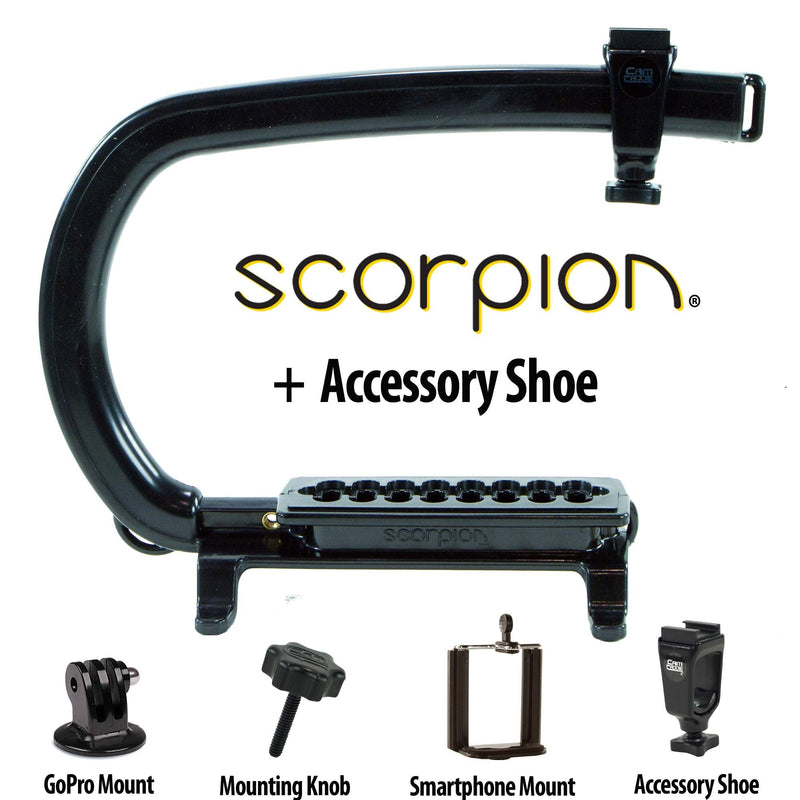 Cam Caddie Scorpion Camera Stabilizer - Stabilizing Smartphone Handle for All DSLR, GoPro, Mobile Phones with Accessory Shoe, Smartphone/GoPro Adapters and 1/4-20 Threaded Mounting Knob - Black