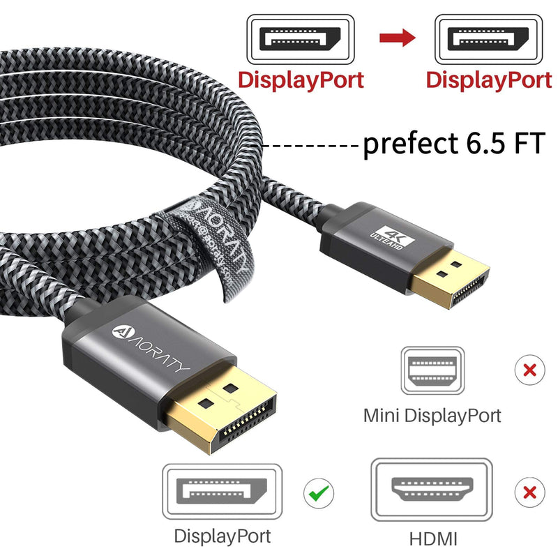 AORATY DisplayPort to DisplayPort Cable, 6.6Ft 4K Displayport Cable [2K@165Hz, 2K@144Hz, 4K@60Hz, 3D], High Speed DP Cable Gold-Plated & Nylon Braided Compatible with Laptop, PC, TV(Grey)
