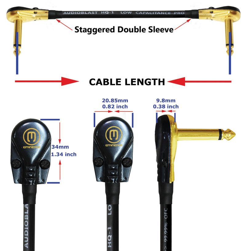 [AUSTRALIA] - 2 Units - 11 Inch - Audioblast HQ-1 - Ultra Flexible - Dual Shielded (100%) - Instrument Effects Pedal Patch Cable w/Low-Profile, R/A Gold Pancake TS (6.35mm) Plugs & Dual Staggered Boots 