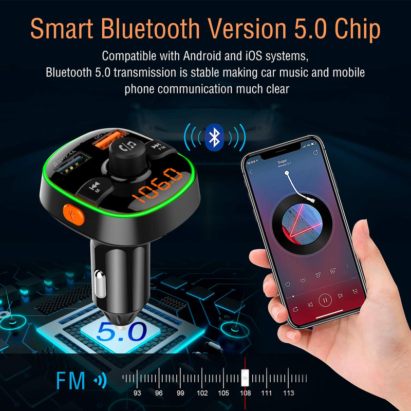 Arsvita Bluetooth Car FM Transmitter, Wireless Audio Adapter Receiver, Support Siri/Google Voice Wake-up, Color Light, with QC3.0 Quick Charge Dual USB Ports and Support TF Card.