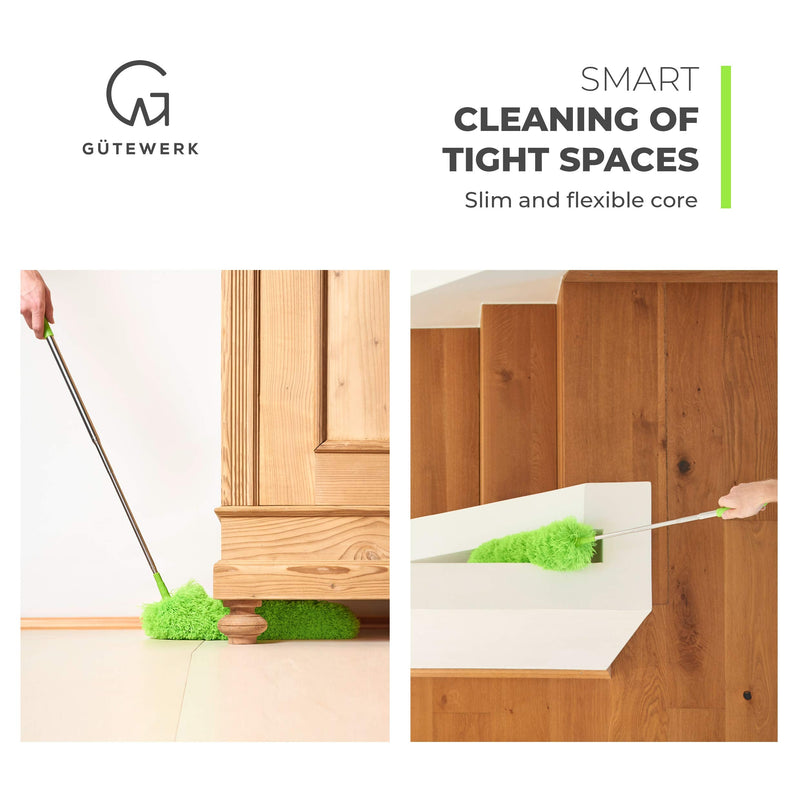 GÜTEWERK DUSTR Microfiber Duster with Extension Pole, Feather Duster, Ceiling Fan Duster, Feather Dusters for Cleaning, Dust Cleaner, Cobweb Duster - Electrostatic Bendable Head - up to 55 Inch up to 55 in