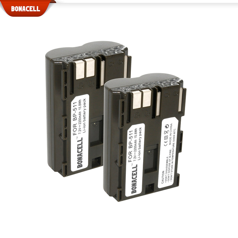 Bonacell BP-511/BP-511A 2200mAh Replacement Battery(2 Pack) Compatible with Canon EOS 50D 40D 30D 20Da 20D 10D 5D 300D Digital Rebel D30 D60 PowerShot G6 G5 G3 G2 G1 Pro 1 Pro 90 Pro 90 is