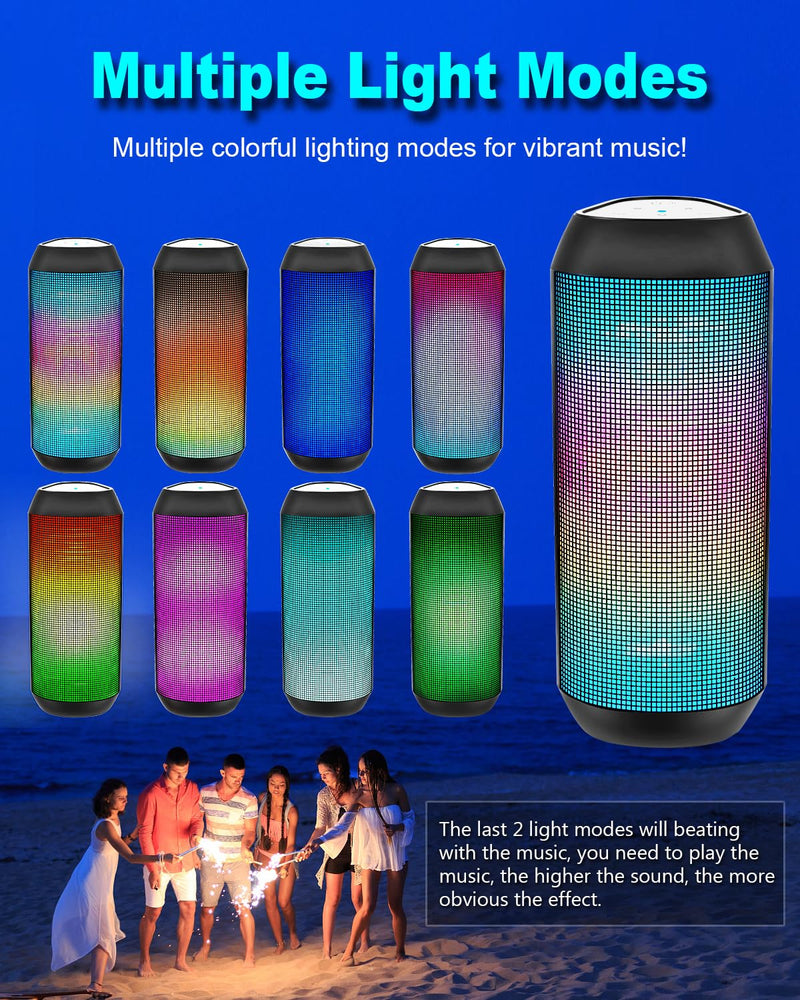 Wireless Bluetooth Speaker - Portable Speaker with Multi LED Light Dynamic Modes, IPX4 Waterproof Bluetooth Speakers, Support TWS Surround Stereo Sound Playing, Lightweight for Party Outdoor Camping Black