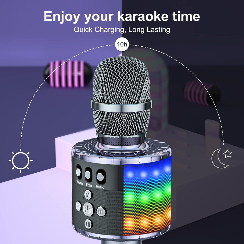 BONAOK Wireless Bluetooth Karaoke Microphone with Controllable LED Lights, 4-in-1 Portable Handheld Mic Speaker for All Smartphones, Birthday for Kids Adults All Age Q78(Space Gray) Space Gray