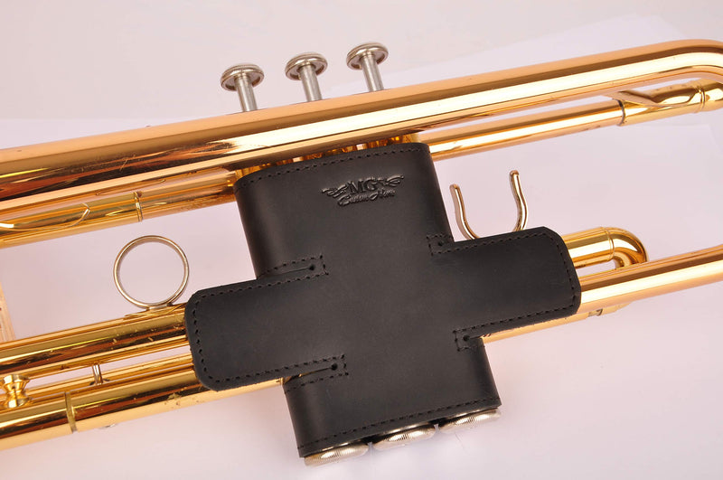Trumpet valve Guard MG Leather Work, valve protector for lacquer, raw brass, silver finish (Guard+Pouch, Black)