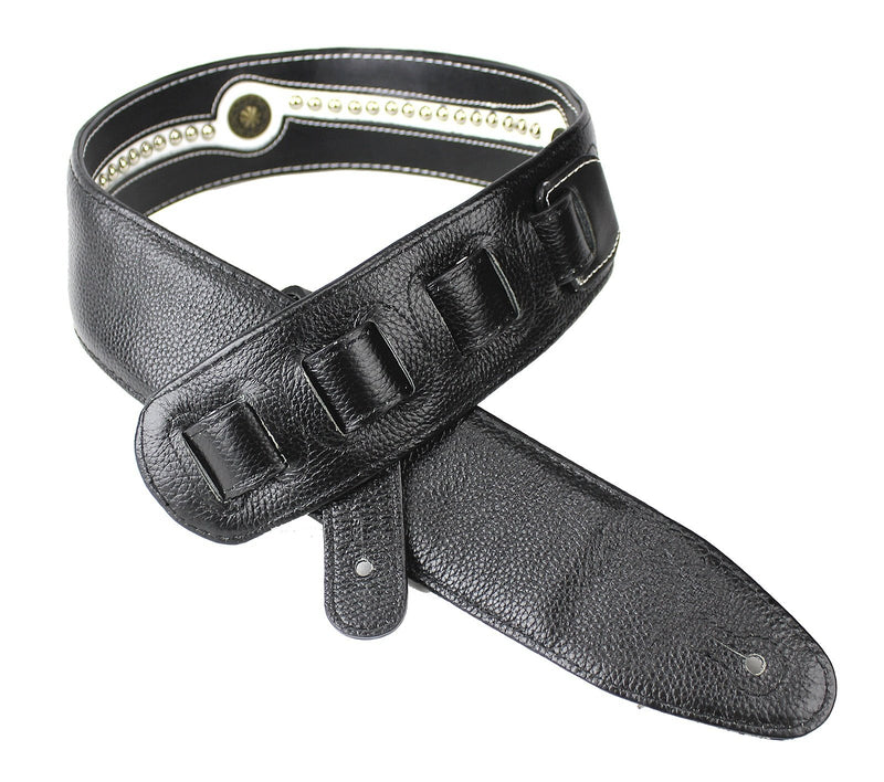 Walker & Williams Black & White Top Grain Leather Guitar Strap with Chrome and Brass Metal Studs