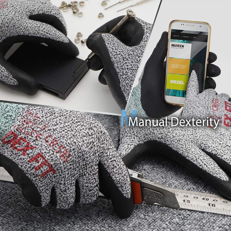 DEX FIT A2 Cut Resistant Gloves CR533, 3D Comfort Stretch Fit, Power Grip, Smart Touch, Thin & Lightweight, Durable Foam Nitrile Coating for Gardening & Mechanics, Gray X-Small 1 Pair X-Small(Pack of 2) Cr533 Grey 1pr