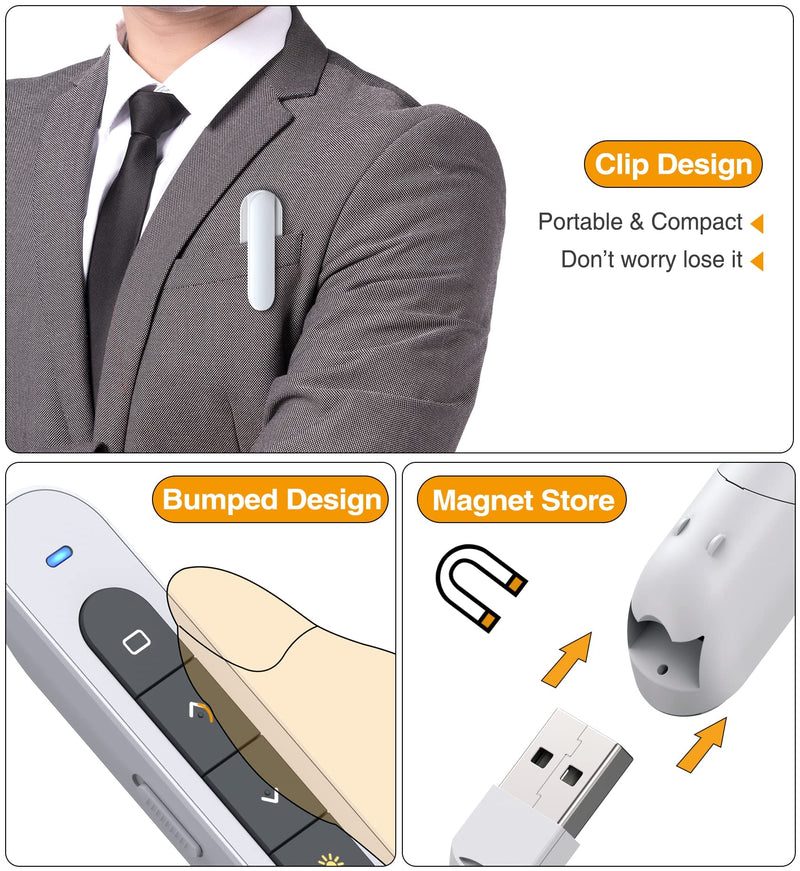 Wireless Presenter Remote, RF 2.4GHz USB Presentation Remote Control PowerPoint Presentation Clicker for Keynote/PPT/Mac/PC (White)