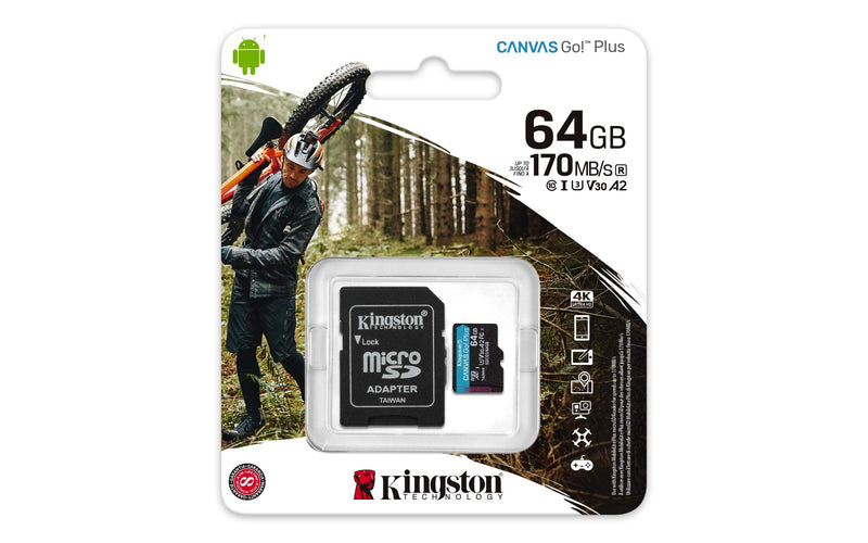 [AUSTRALIA] - Kingston 64GB microSDXC Canvas Go Plus 170MB/s Read UHS-I, C10, U3, V30, A2/A1 Memory Card + Adapter (SDCG3/64GB) microSD Card Faster (Up to 170 MB/s) Single 