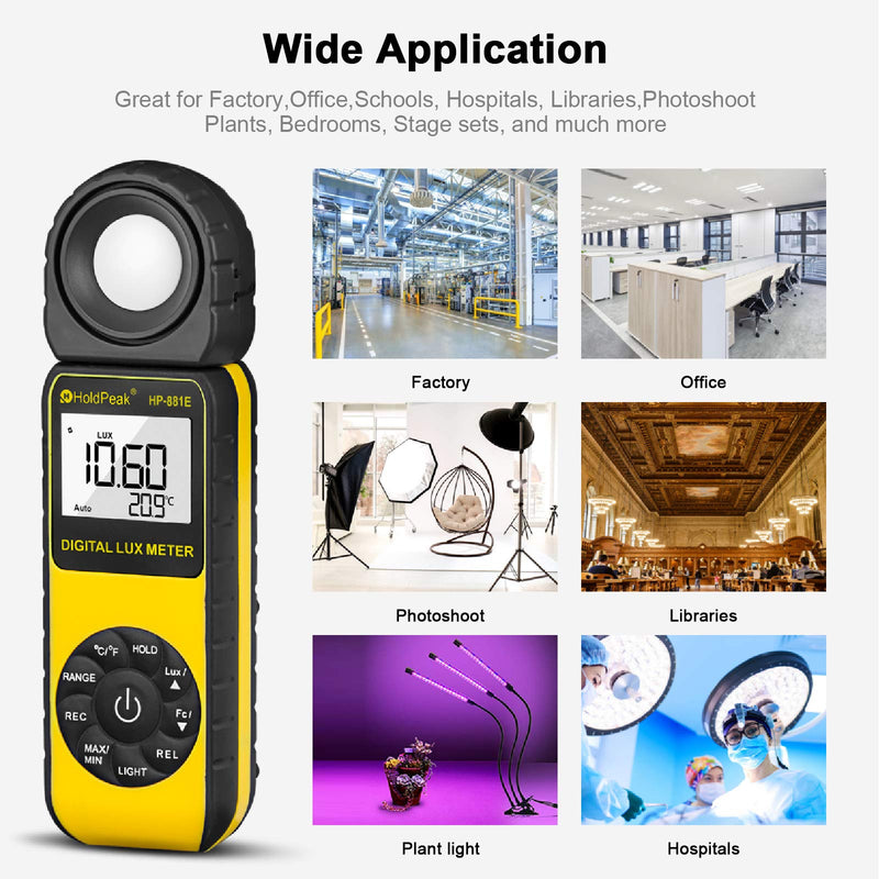 [AUSTRALIA] - Light Meter-HOLDPEAK 881E Digital Illuminanc/Light Meter with 0.01~300,000 Lux (0.01~30,000 FC) Measuring Ranges and 270° Rotatable Detector for LED Lights and Plants Lumen Meter HP-881E(0.1 - 200,000Lux / 1 - 20,000FC) 