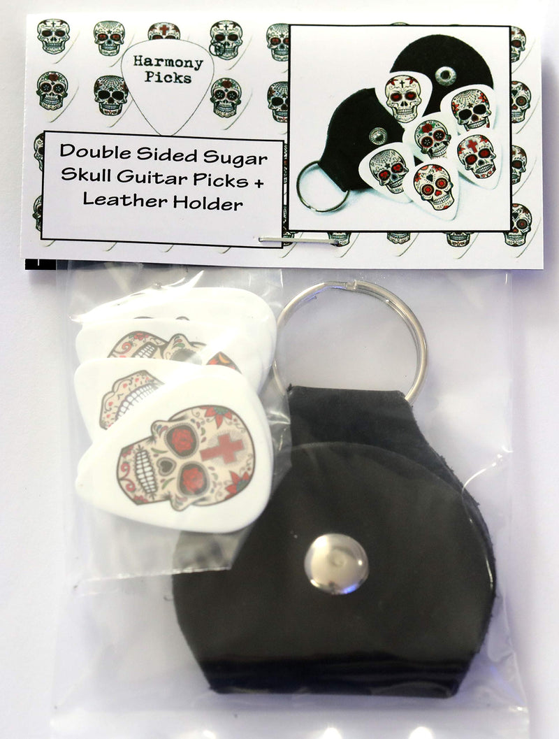 6 Sugar Skull Day Of The Dead Guitar Picks With Leather Plectrum Holder Keyring