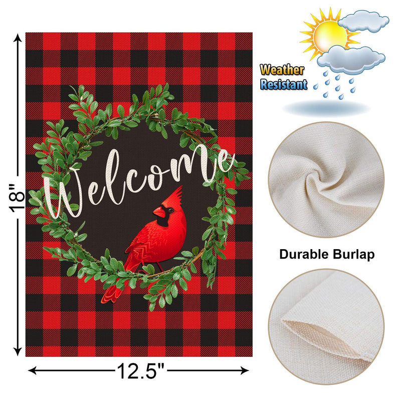 Cardinal Christmas Garden Flag | Wreath Welcome Garden Flag 12.5 x 18 Inch | Buffalo Check Plaid Winter Yard Flag Double Sided | Rustic Christmas Yard Decorations | Holiday Outdoor Flags