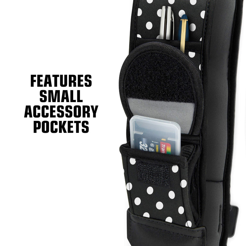 USA GEAR Camera Sling Shoulder Strap with Adjustable Neoprene, Safety Tether, Accessory Pocket, Quick Release Buckle - Compatible w/ Canon, Nikon, Sony and More DSLR and Mirrorless Cameras (Polka Dot) Polka Dot