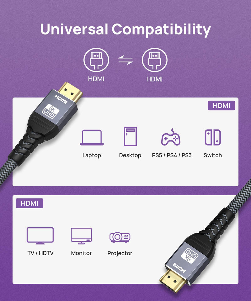 8K HDMI 2.1 Cable 12Ft,ALLEASA Ultra High Speed 8K@60Hz,4K@120Hz@144Hz DSC,HDR UHD 7680×4320,eARC HDR10+,HDCP 2.2&2.3,Compatible with PS5/PS4/PS3(Gray) 12 FT GREY