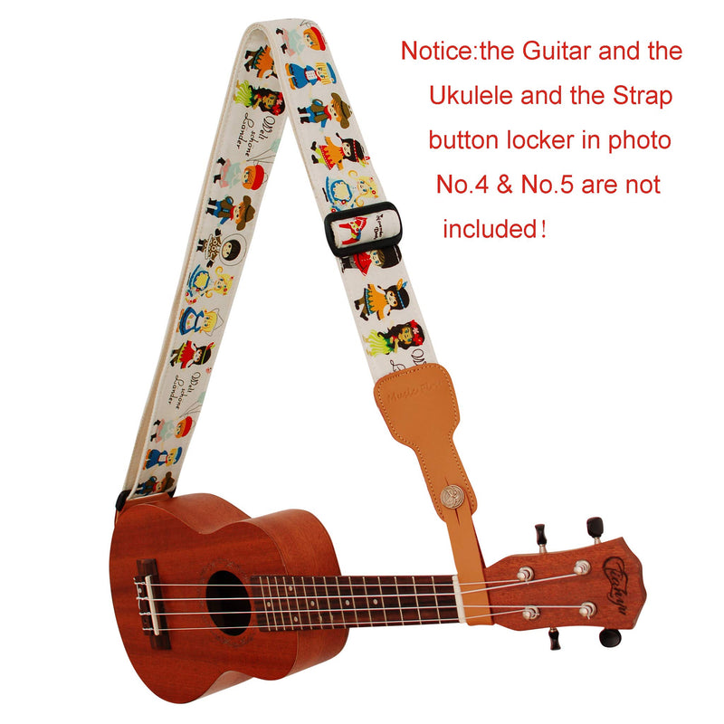 MUSIC FIRST Original Design, 2 inch width (5cm), Cute Cartoon Delux“What A Wonderful World” Soft Cotton & Genuine Leather Ukulele Strap, Guitar Strap, Mandolin Strap