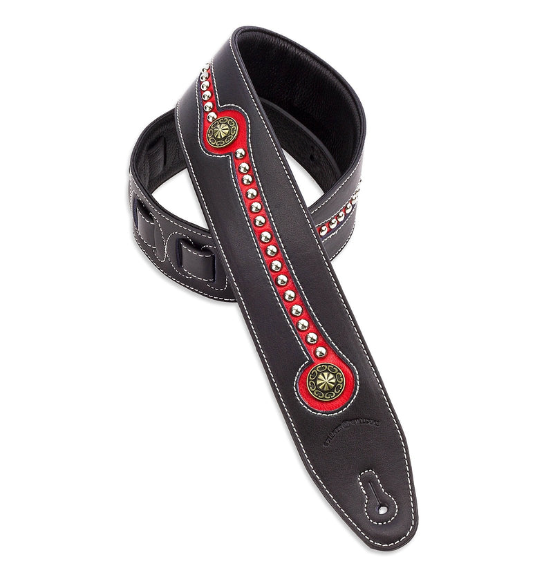 Walker & Williams Black & Red Top Grain Leather back Guitar Strap with Chrome and Brass Studs