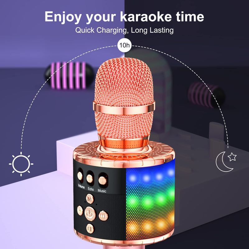 BONAOK Wireless Bluetooth Karaoke Microphone with Controllable LED Lights, 4-in-1 Portable Handheld Mic Speaker for All Smartphones, Birthday for Kids Adults All Age Q78 (Rose Gold) Rose Gold