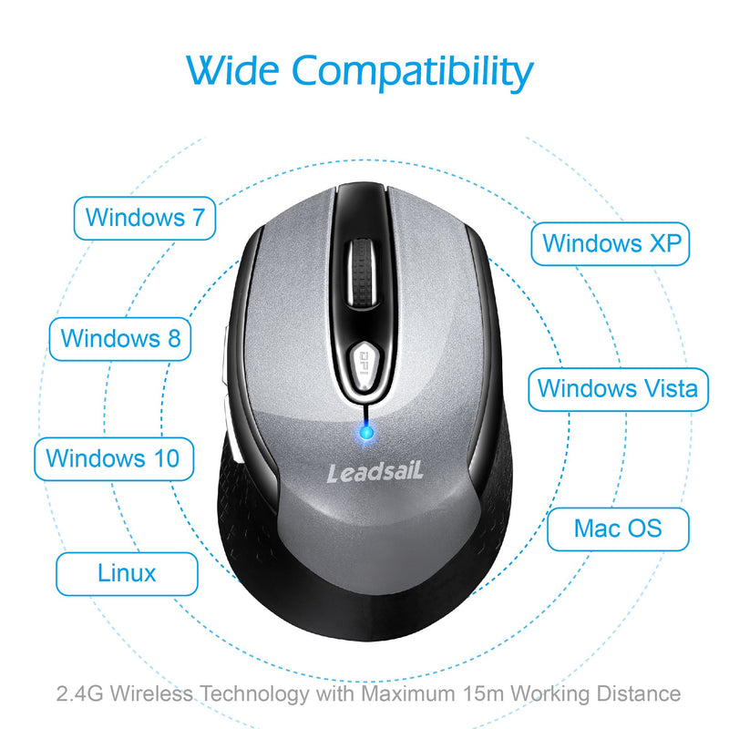 LeadsaiL Wireless Computer Mouse, 2.4G Portable Slim Cordless Mouse Less Noise for Laptop Optical Mouse with 6 Buttons, AA Battery Used, USB Mouse for Laptop, Deskbtop, MacBook (Grey) classic grey