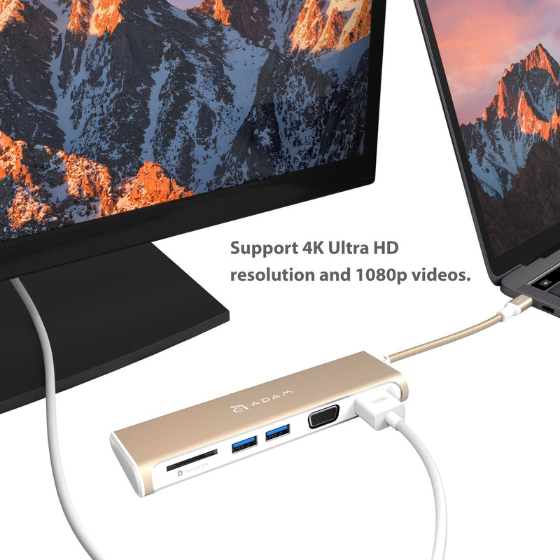 ADAM elements 5-in-1 USB C Hub - 4K USB C to HDMI - SD Card Reader - 2 USB 3.1 Ports - Portable, Durable Aluminum Case Gold